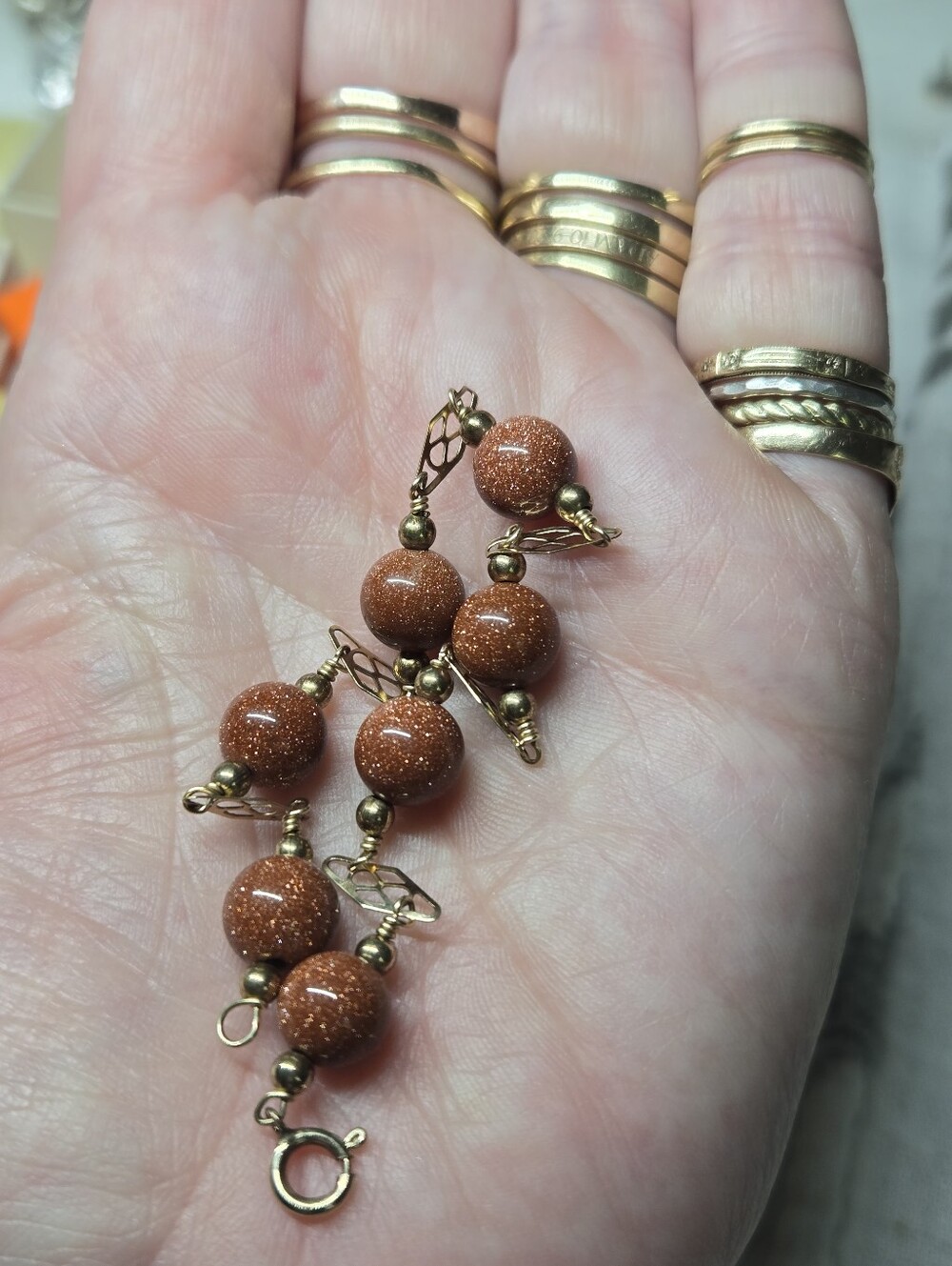 14k Gold Filled Goldstone Bead Drop Bracelet - Elegant Brown Bead Bracelet